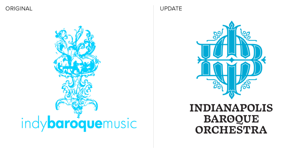 Logo design for non-profits by Mapmaker Studio shows the before and after logo for the Indianapolis Baroque Orchestra