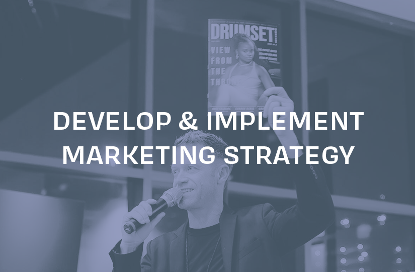 The words "develop and implement marketing strategy" over an image of Mark Powers holding DRUMSET Magazine.
