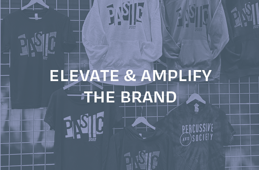 The words "elevate and amplify the brand" over a background image