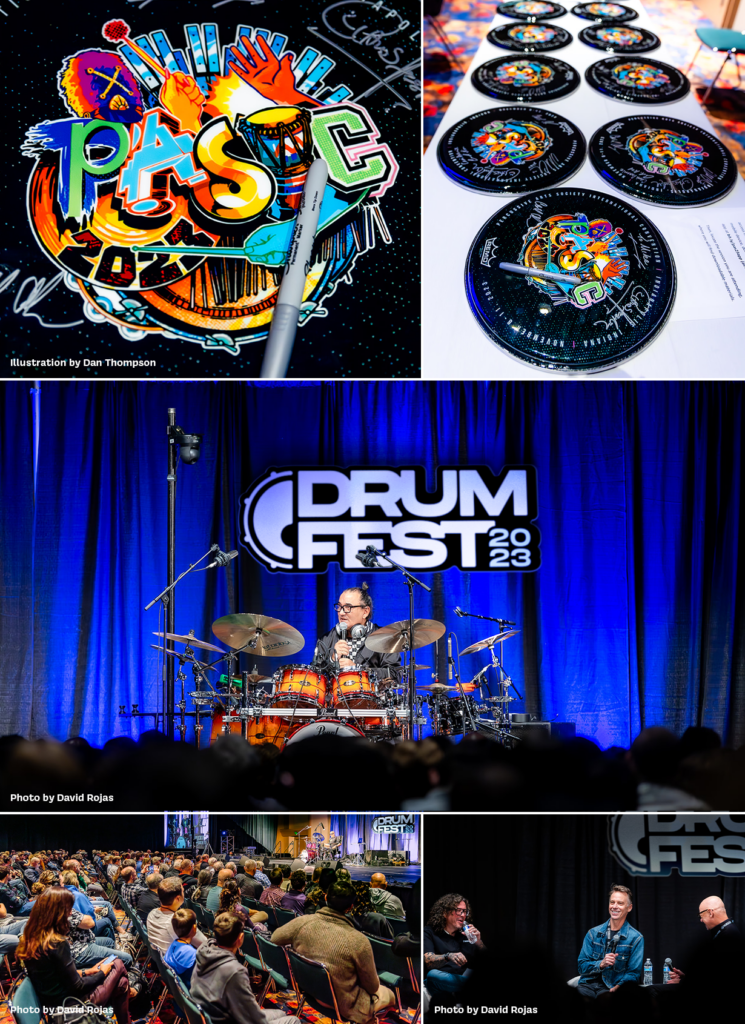Image collage showing a PASIC drumhead, and the DrumFest logo behind performing artists at PASIC.